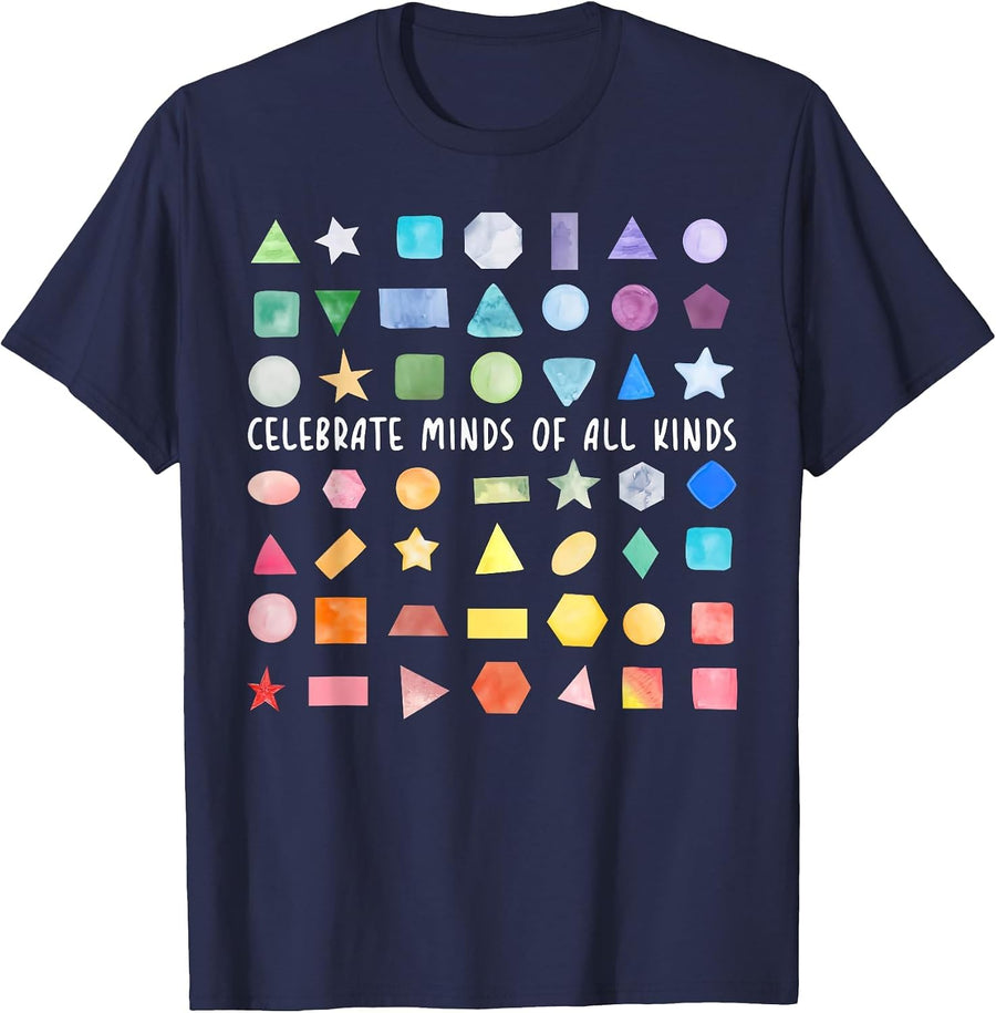 Celebrate Minds of All Kinds Geometry Math Teacher Autism T-Shirt - Navy Blue