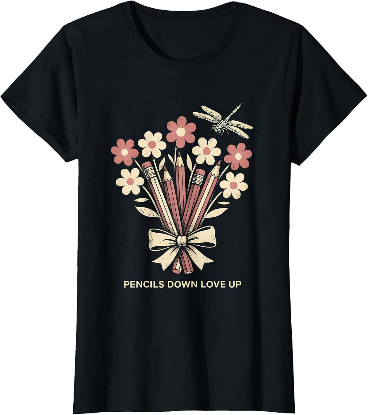 Pencils Down Love Up Elementary Teacher Design T-Shirt - Black