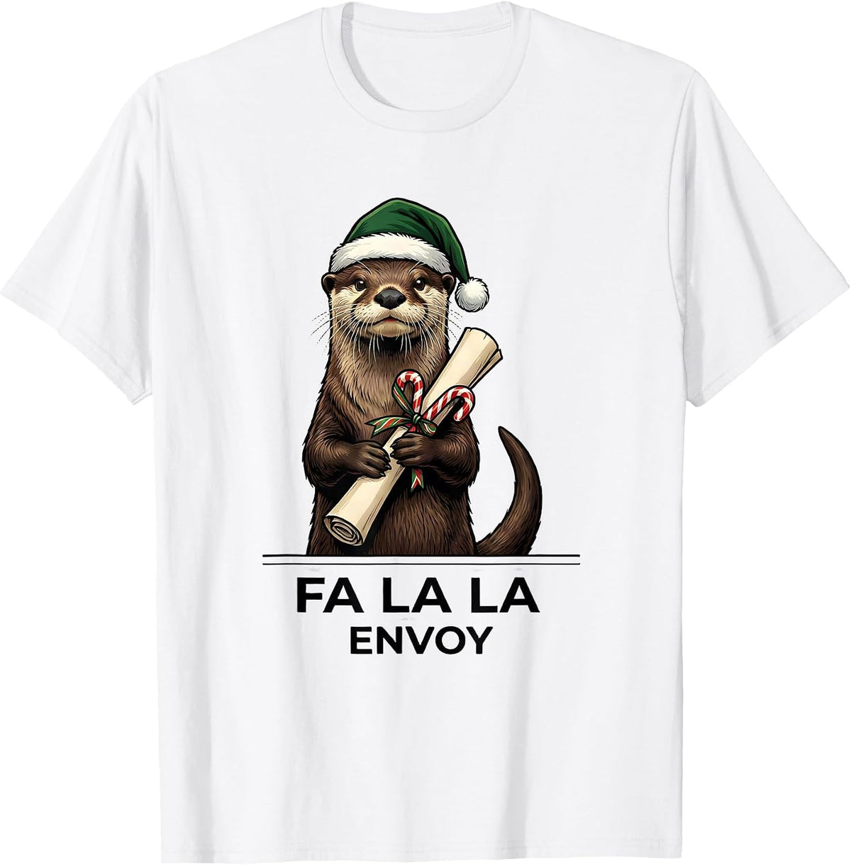 Men's Fa La La Envoy Funny Christmas Otter Mascot Holiday Pun T-Shirt - White