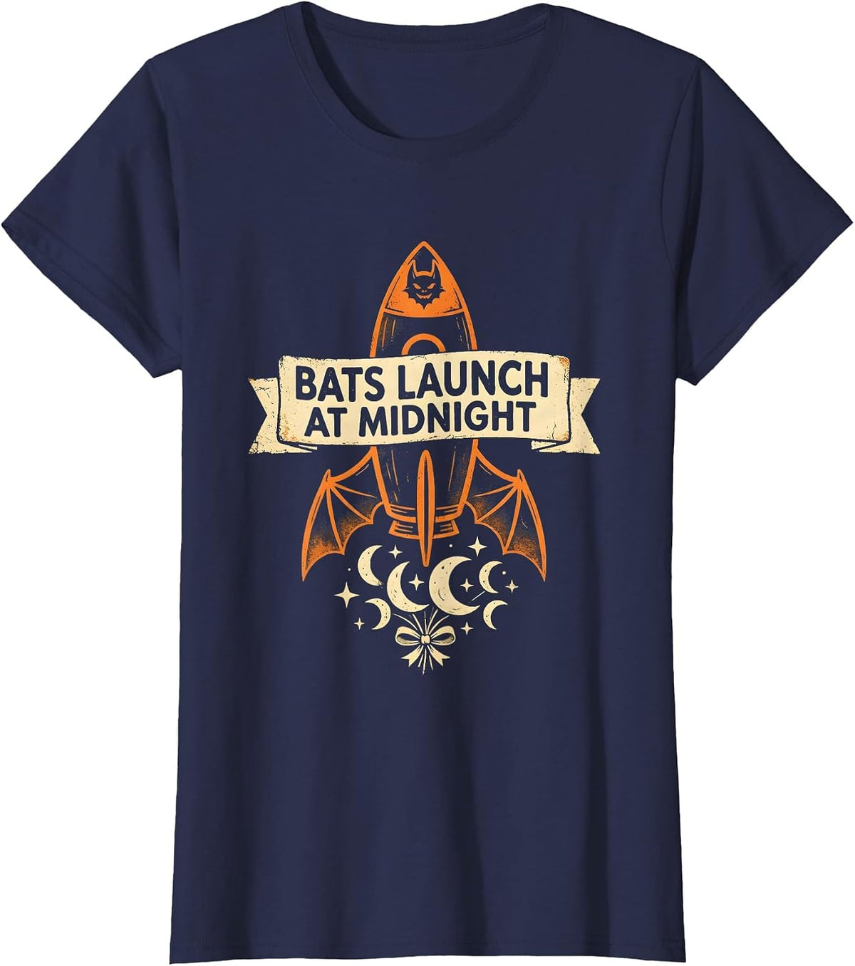 Women's Bats Launch At Midnight Halloween Space Design T-Shirt - Navy Blue