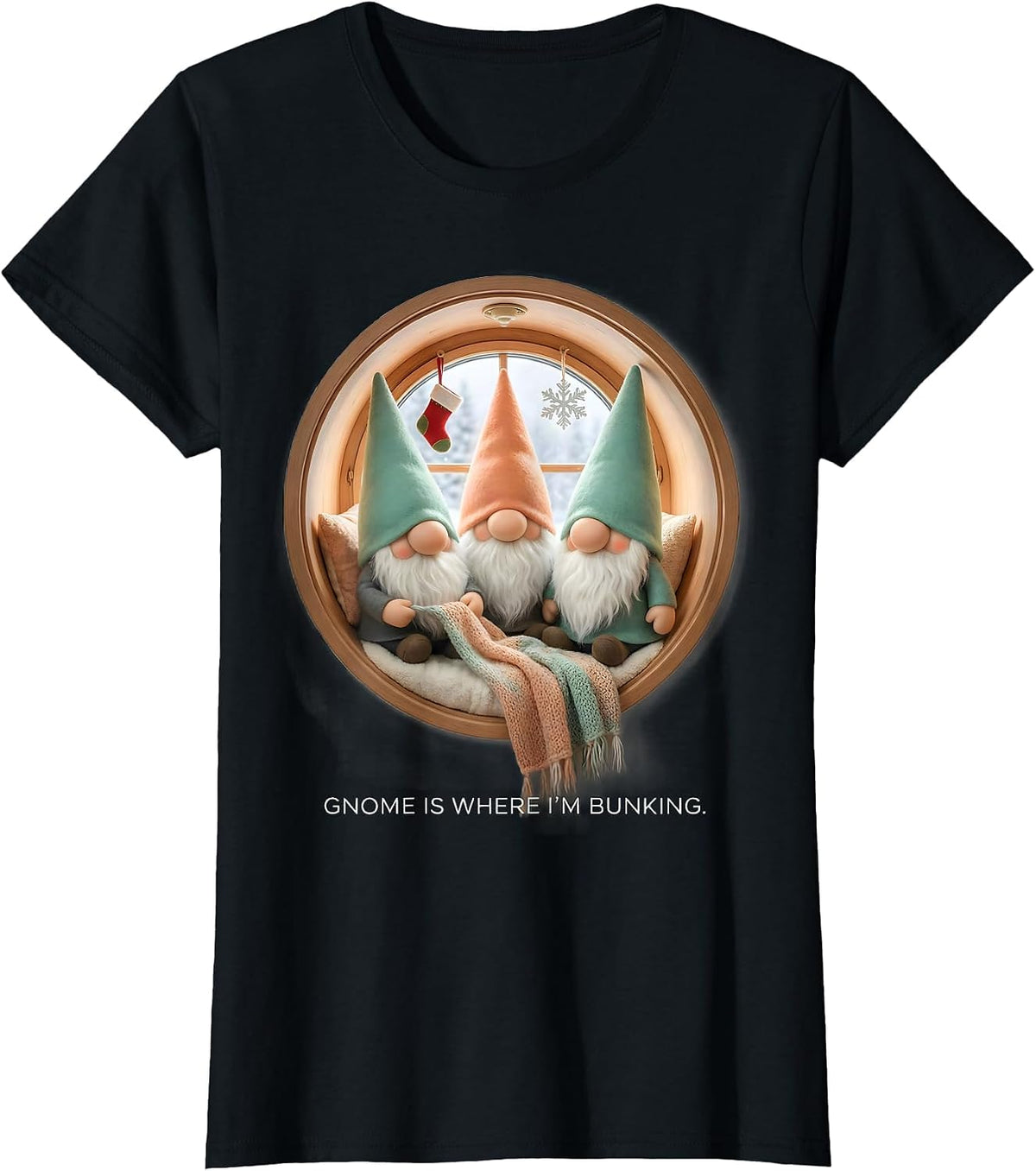 Gnome Is Where I'm Bunking Cute Kawaii Gnome Lover Christmas T-Shirt - Black
