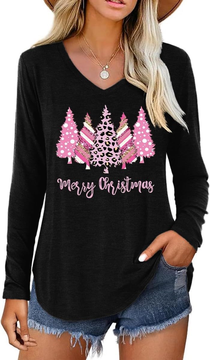 Womens Halloween Thanksgiving Christmas Graphic Long Sleeve Shirt - 09-black-tree