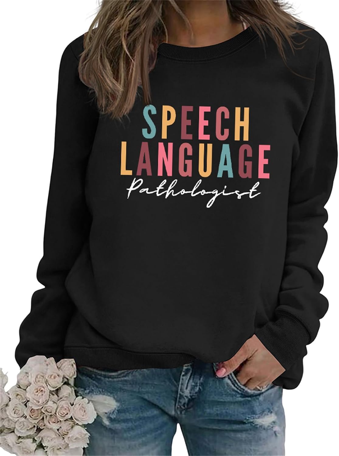 Speech Therapy Sweatshirt Cute Crew Neck Graphic Long Sleeve Shirts for Women SLP Speech Language Pathologist Gifts - Black