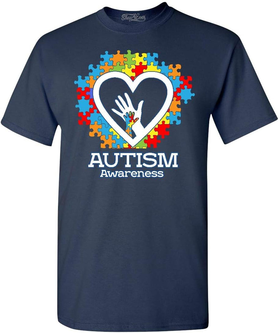 Autism Awareness Puzzle Piece Heart Hands T-Shirt, Autism Mom Dad Gift - Navy