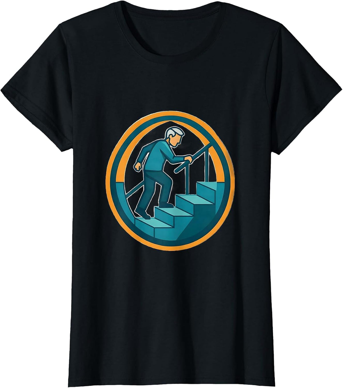 Elderly Balance on Staircase Fall Prevention Graphic T-Shirt - Black
