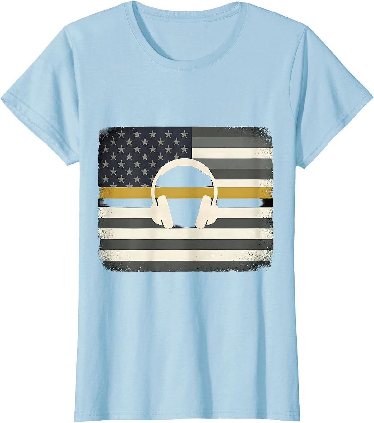 American Flag Thin Gold Line 911 Dispatcher Tribute T-Shirt - Baby Blue