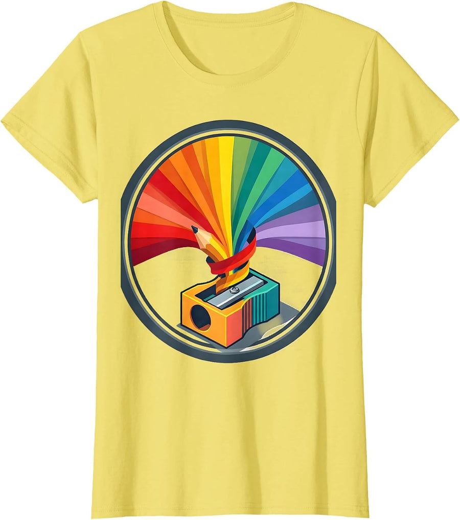 Women's Third Grade Teacher Rainbow Pencil Sharpener T-Shirt - Lemon Yellow