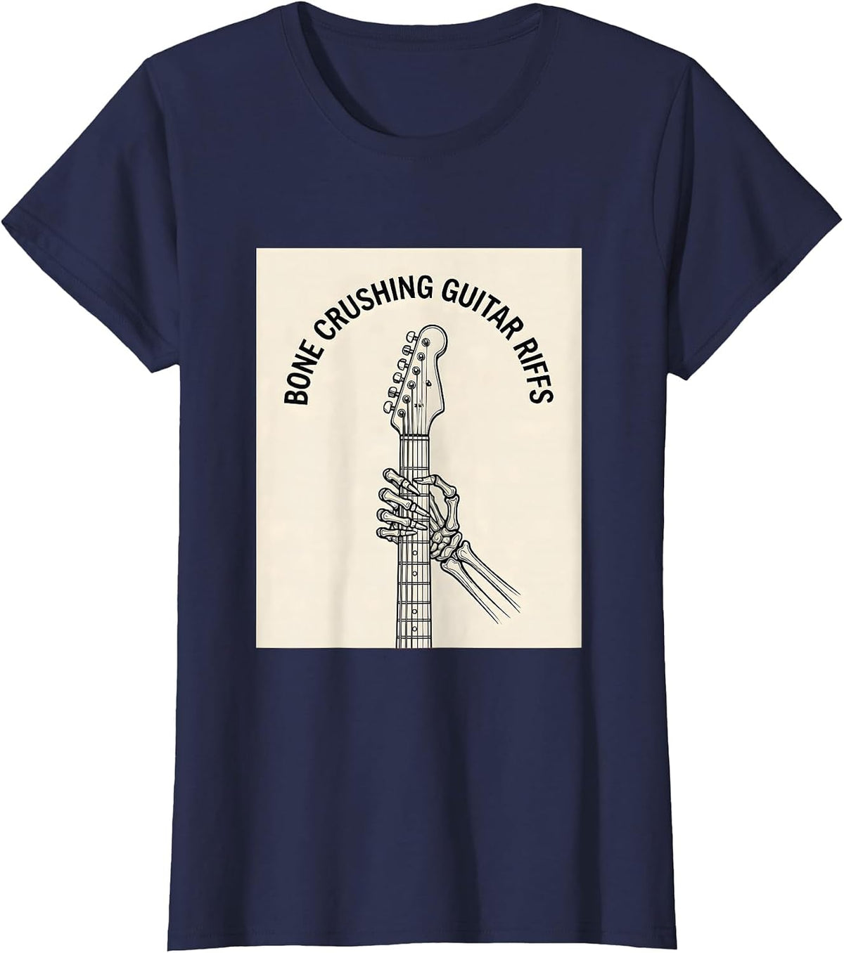 Women's Skeleton Rock Band Bone Crushing Guitar Riffs T-Shirt - Navy Blue