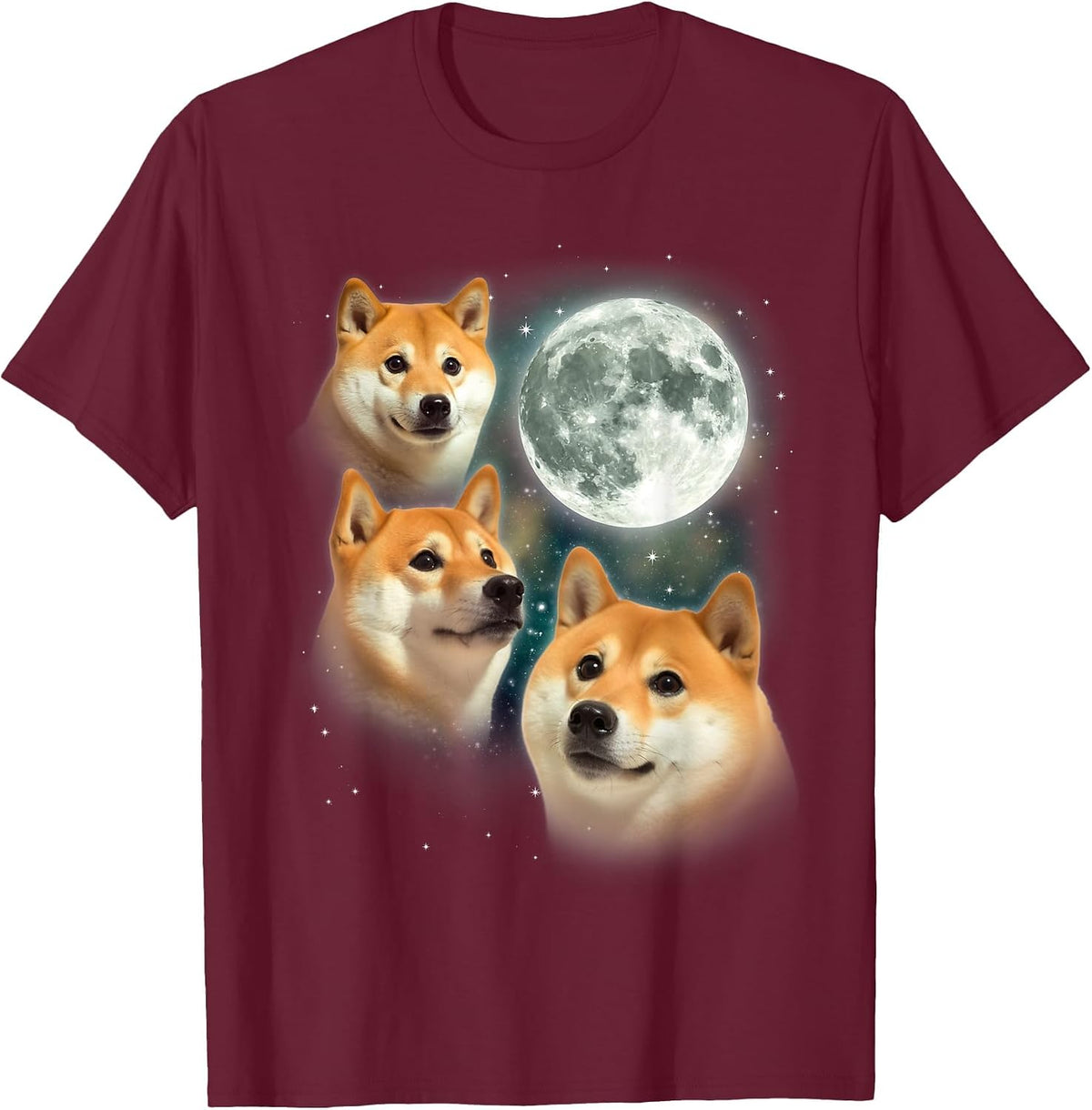 Three Shiba Inu Moon | 3 Doge Funny Cute Dog Meme Parody T-Shirt - Burgundy