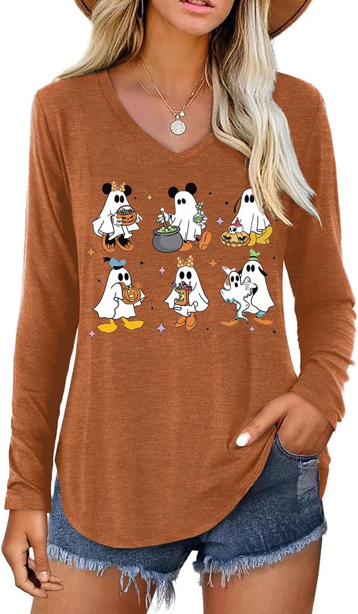 Womens Halloween Thanksgiving Christmas Graphic Long Sleeve Shirt - Brown-ghost04
