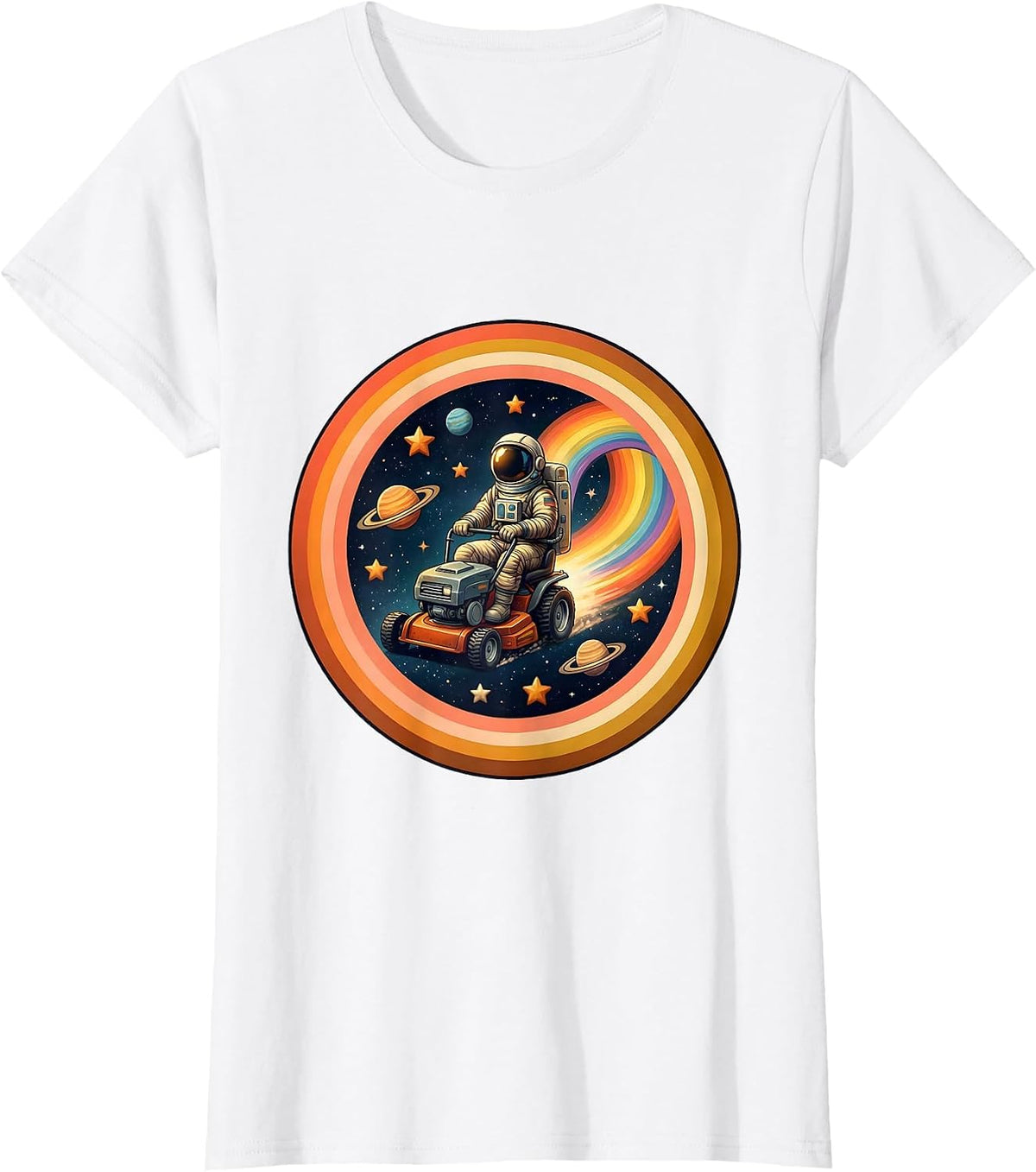 Women's Astronaut Riding a Lawnmower Through Space T-Shirt - White