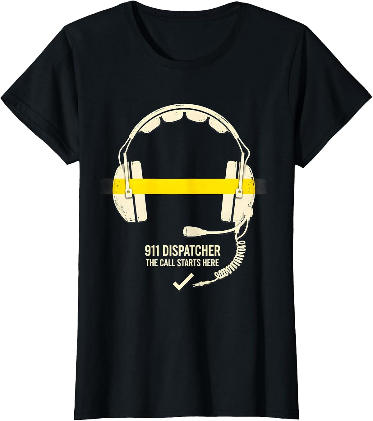Women's 911 Dispatcher The Call Starts Here Stencil Thin Gold Line T-Shirt - Black