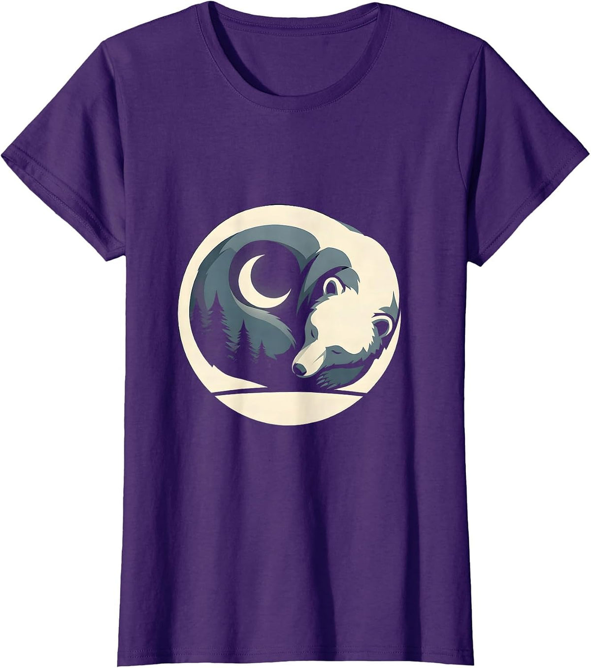 Women's Sleeping Bear Crescent Moon Celestial Night Art T-Shirt - Purple