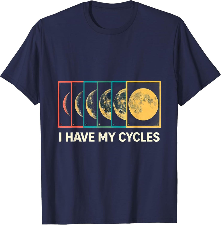 I Have My Cycles Risograph Moon Phase Astrology Science Gift T-Shirt - Navy Blue