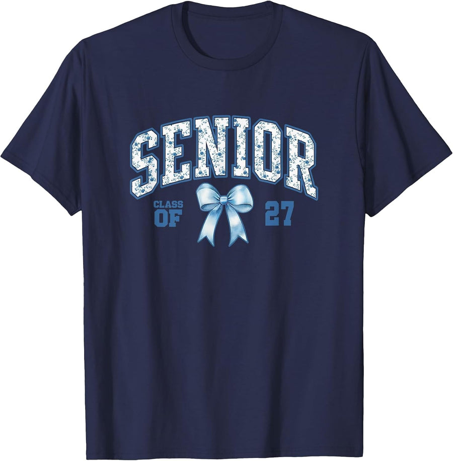 Class of 2027 Senior 27 Coquette Bow Toile Floral Graduation T-Shirt - Navy Blue