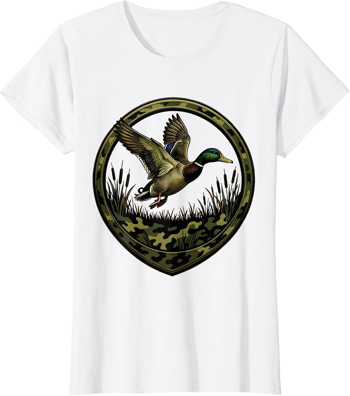 Duck Flying Over Camo Marsh Hunting Graphic T-Shirt - White