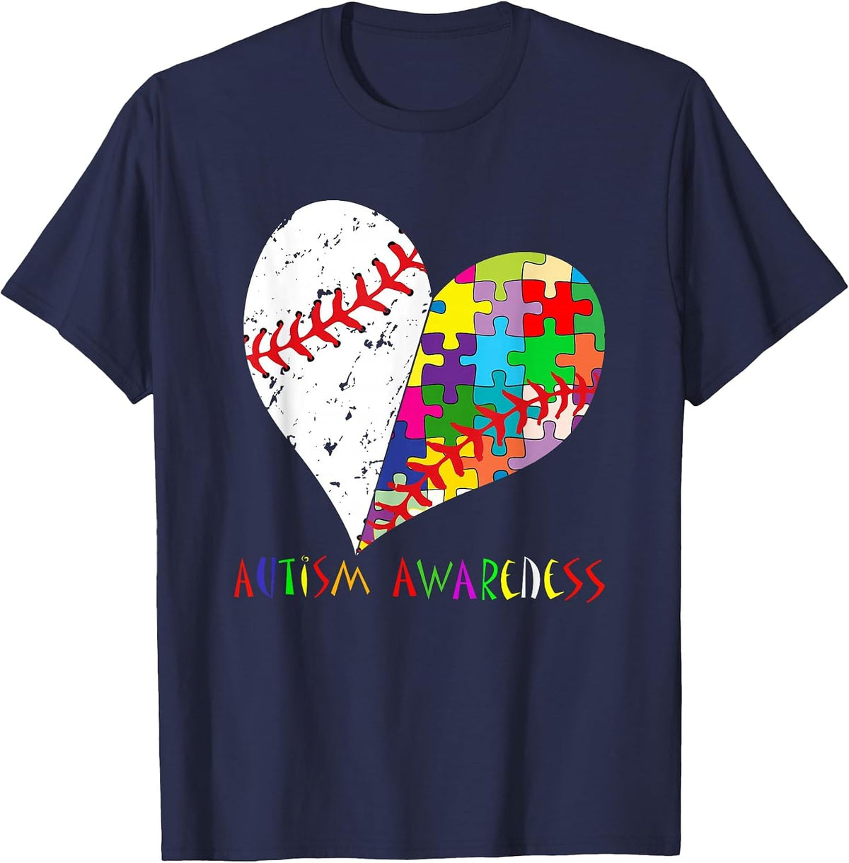 Baseball Heart Autism Awareness T-Shirt - Navy Blue