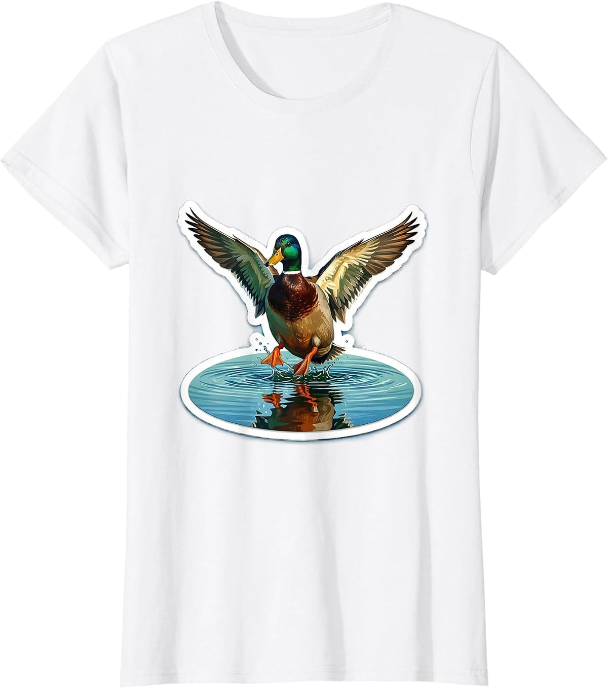 Mallard Duck Landing on Glassy Lake Illustration T-Shirt - White