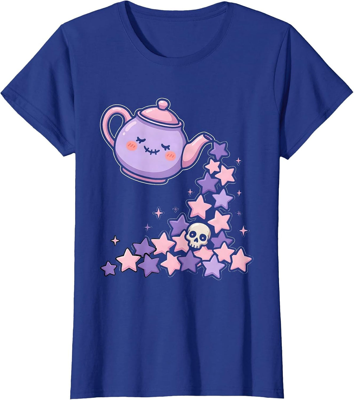 Women's Teapot Pouring Falling Stars Magical Illustration T-Shirt - Royal Blue