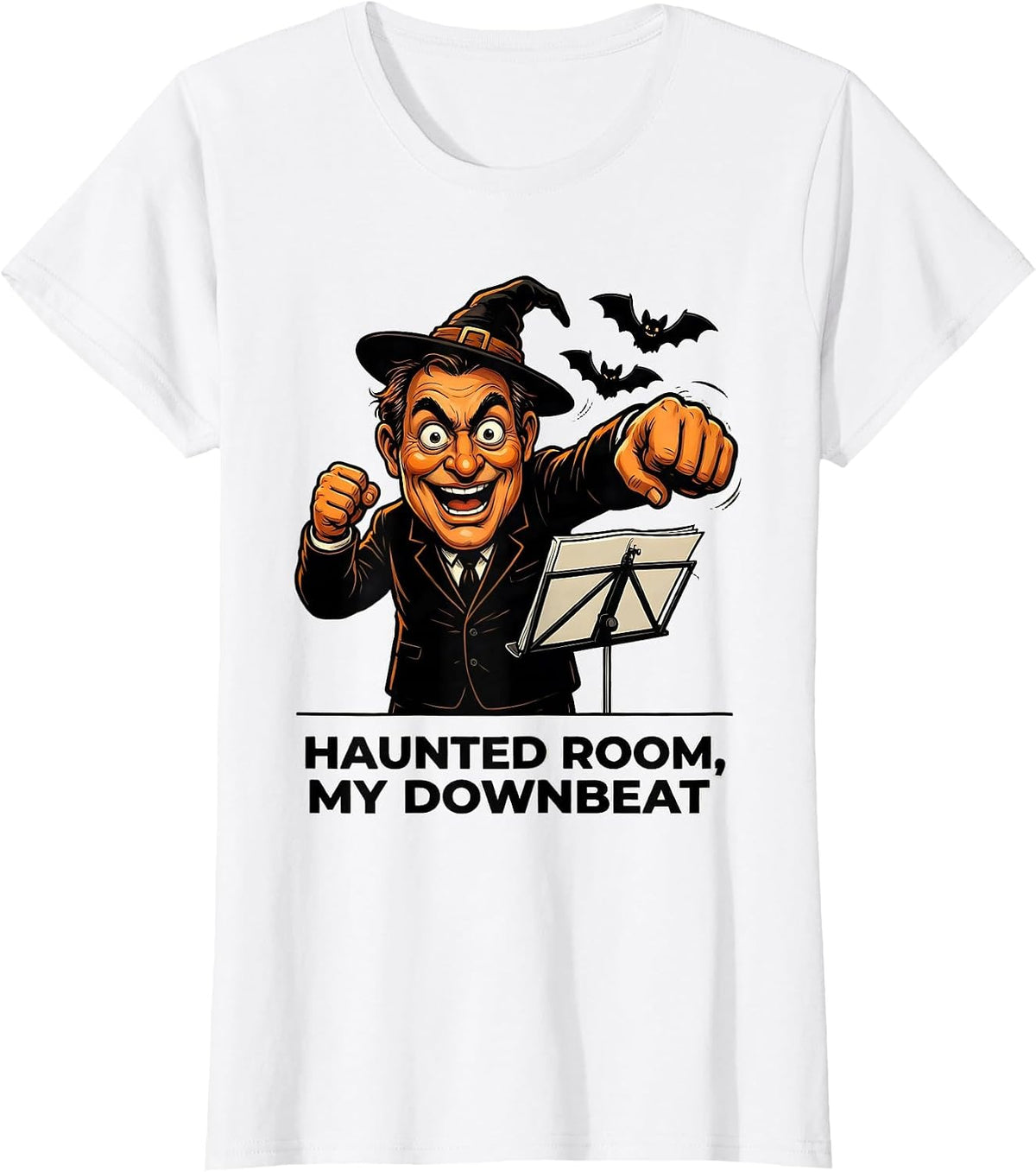Haunted Room My Downbeat Cartoon Ghost Music Teacher T-Shirt - White