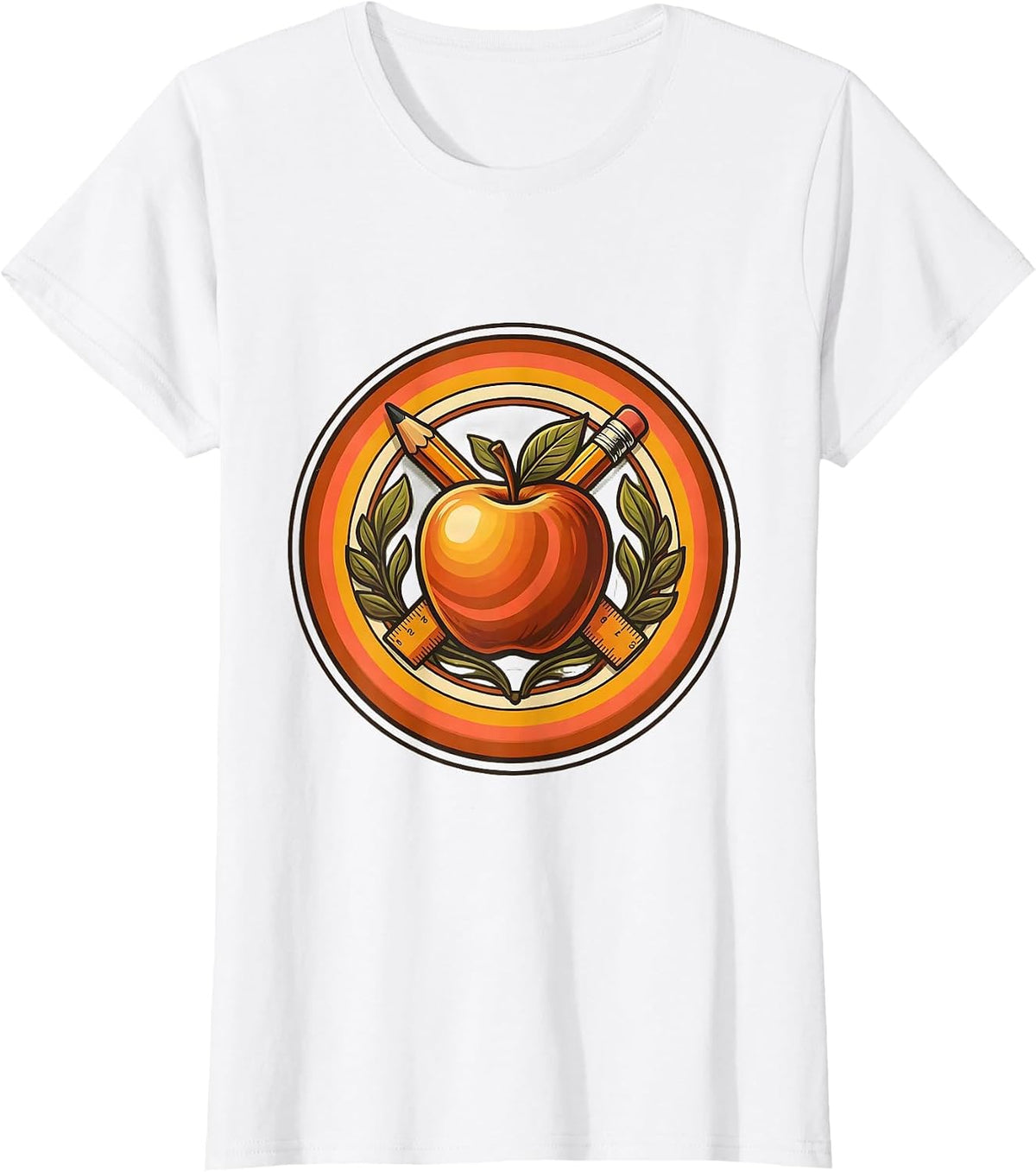 Women's Elementary Teacher Apple Pencil Ruler Graphic T-Shirt - White