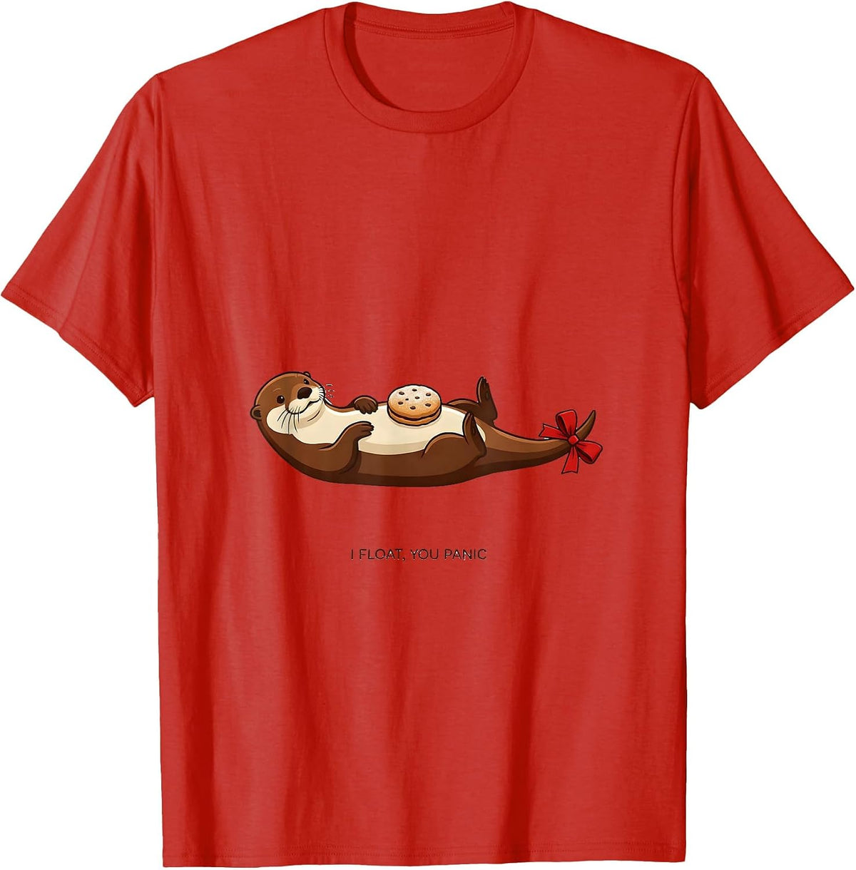 Men's I Float, You Panic Whimsical Otter Christmas Pun Holiday T-Shirt - Red