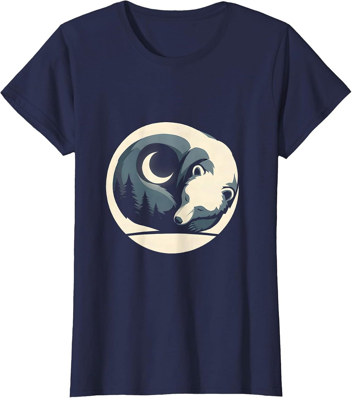 Women's Sleeping Bear Crescent Moon Celestial Night Art T-Shirt - Navy Blue