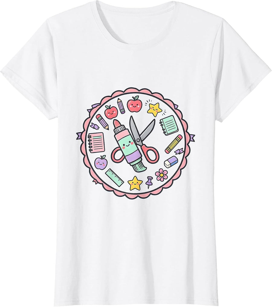 Women's Third Grade Teacher Glue Stick Scissors Crest T-Shirt - White