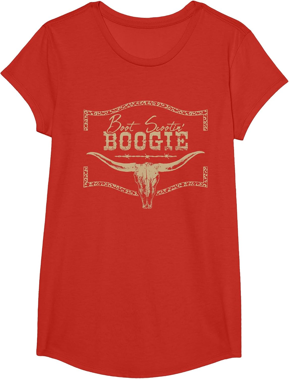 Boot Scootin’ Boogie Bull Skull Country Western Graphic T-Shirt - Girls Red