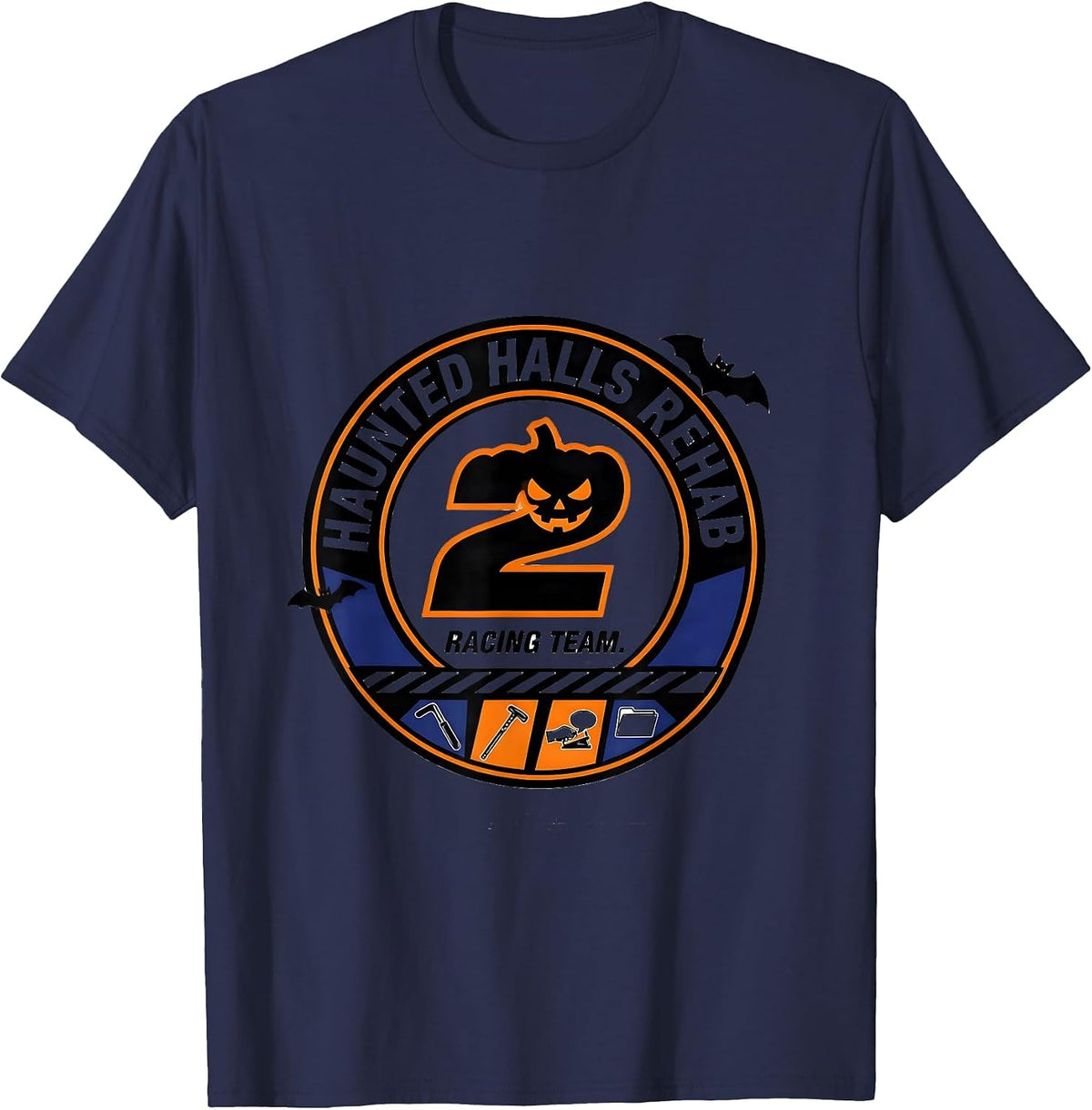 Haunted Halls Rehab Racing Team Funny Physical Therapy T-Shirt - Navy Blue