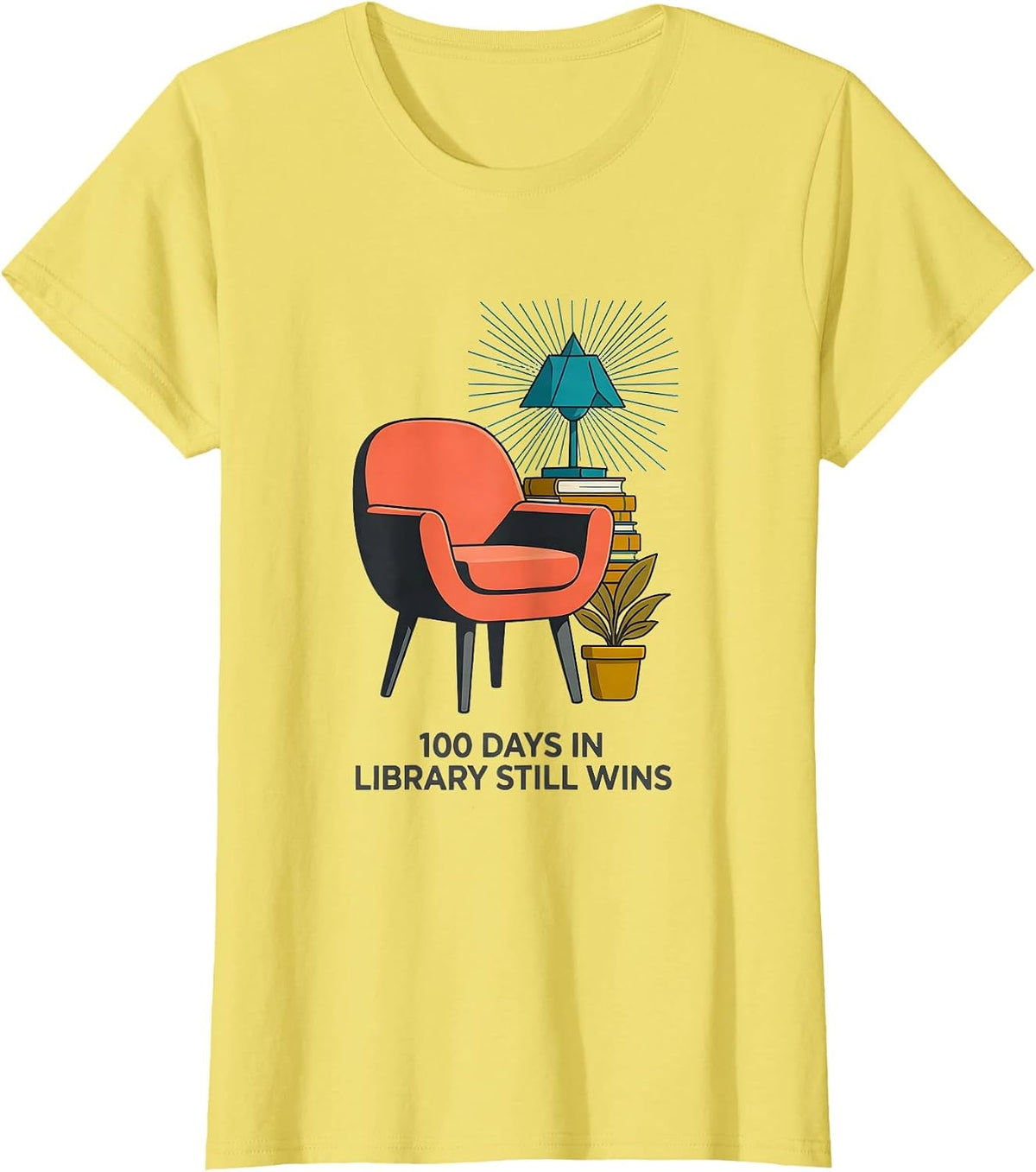 100 Days In Library Still Wins Midcentury Modern Teacher T-Shirt - Lemon Yellow