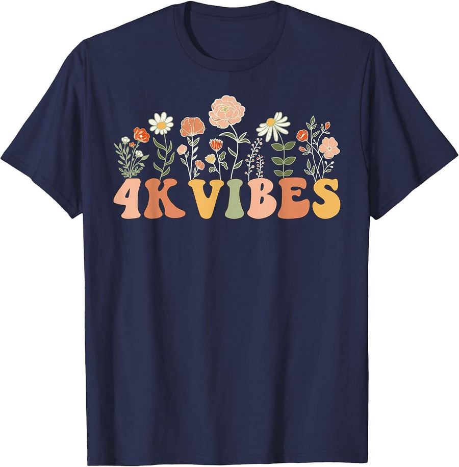4K Vibes Wildflower Retro Teacher Daisy Kid Back to School T-Shirt - Navy Blue