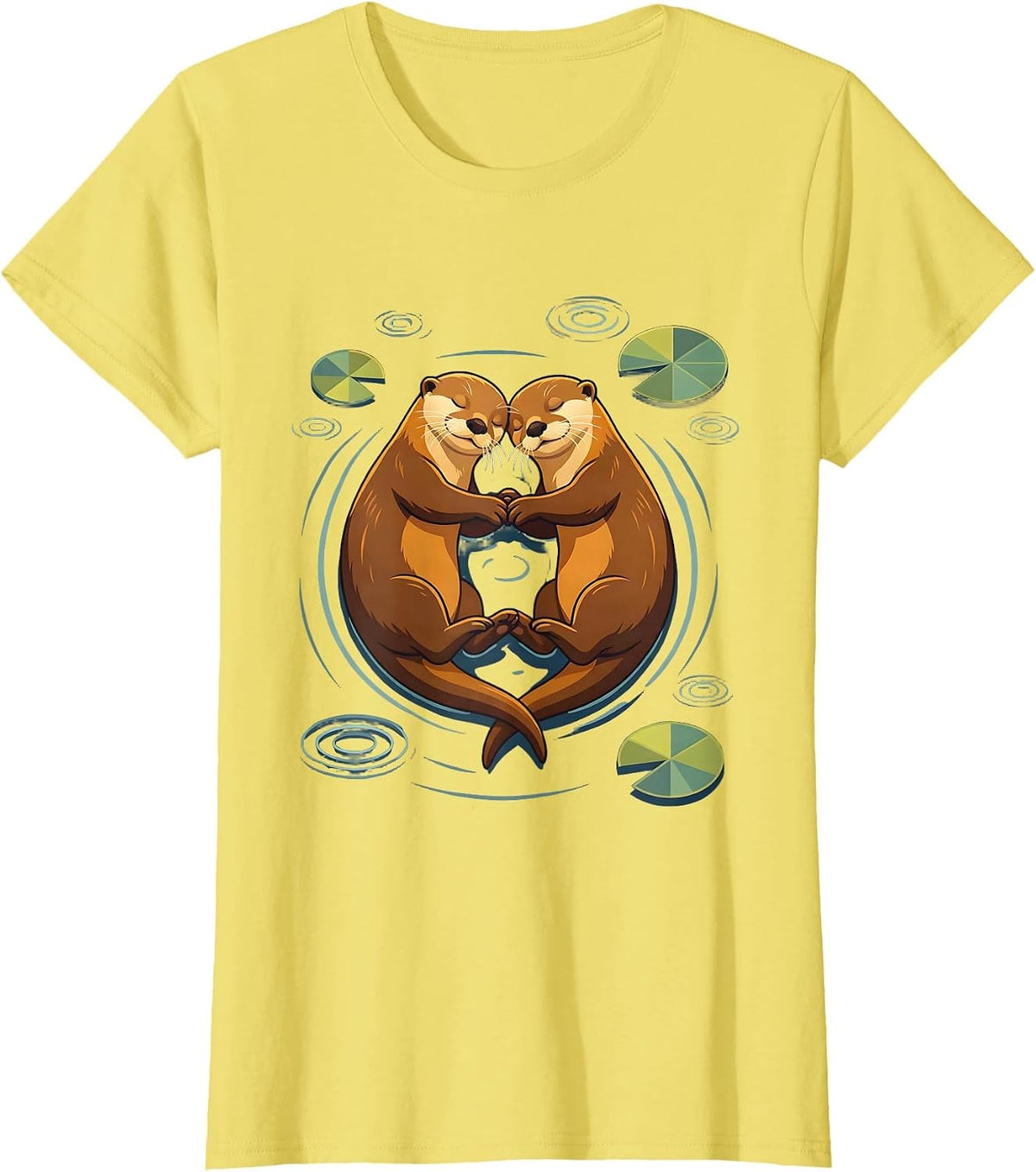 Women's Otters Holding Hands Sleeping Cute Wildlife Art T-Shirt - Lemon Yellow