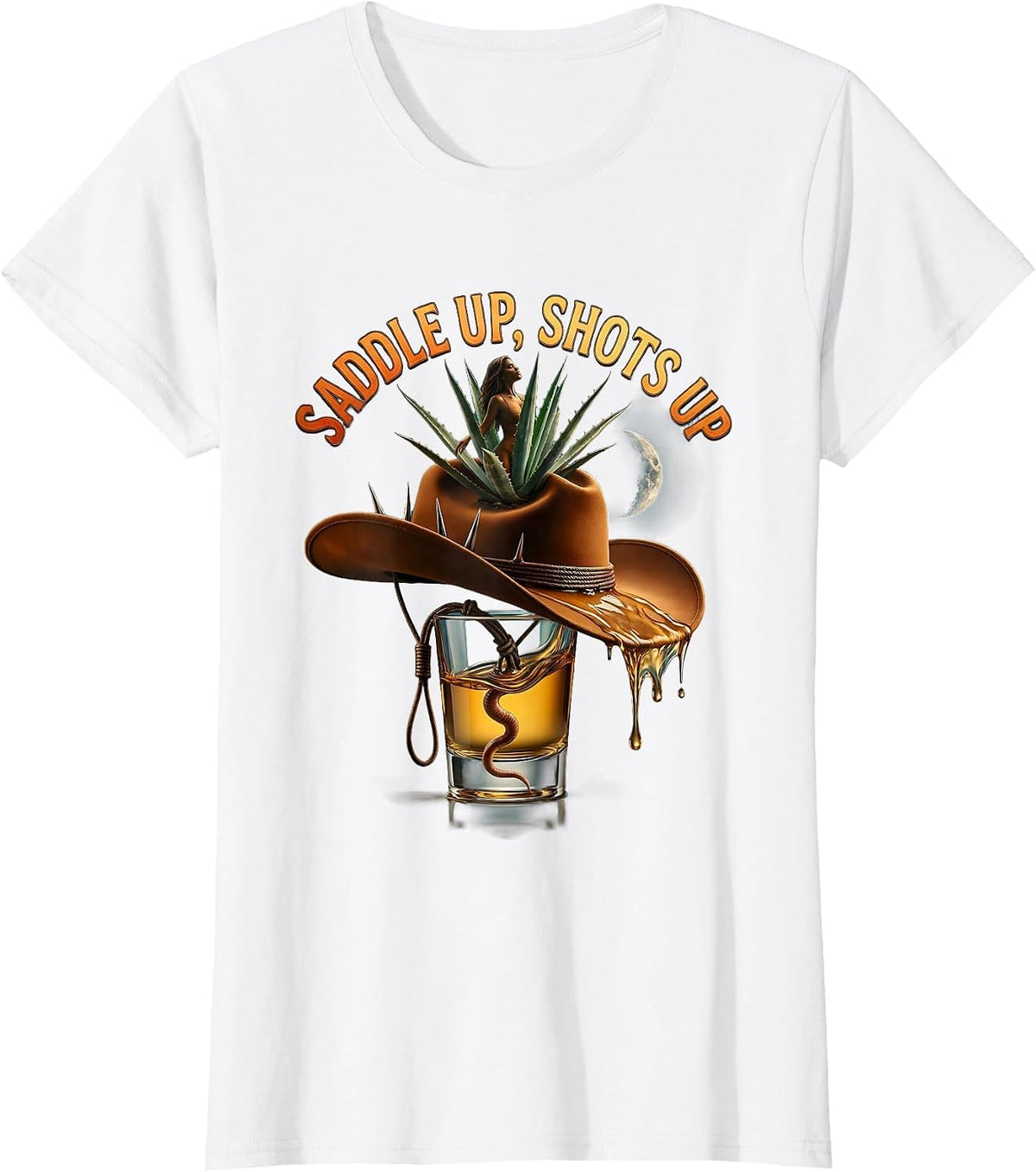 Women's Saddle Up Shots Up Cowboys and Tequila Design T-Shirt - White