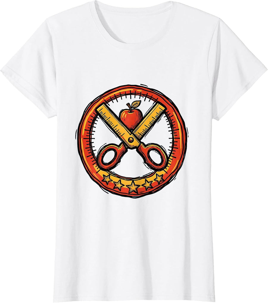 Women's Elementary Teacher Ruler and Scissors Crossed Design T-Shirt - White