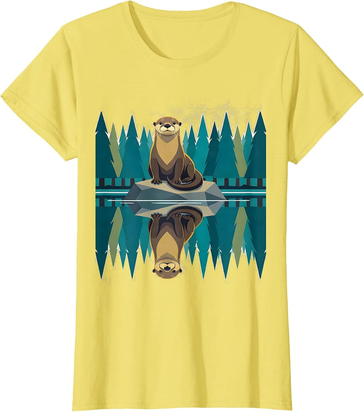 Women's Otter Lake Reflection Forest Nature Wildlife T-Shirt - Lemon Yellow