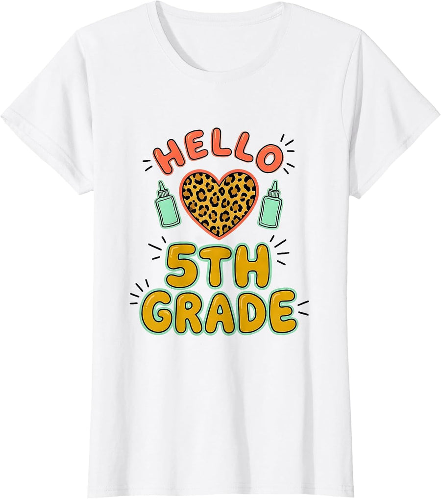 Women's Hello 5th Grade Casual Leopard Heart Back To School Girl T-Shirt - White