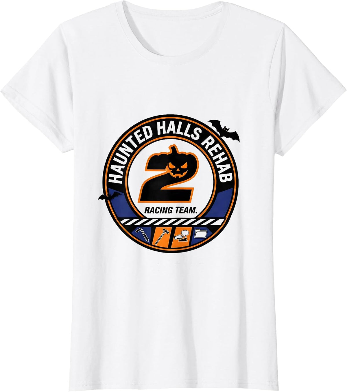 Haunted Halls Rehab Racing Team Funny Physical Therapy T-Shirt - White