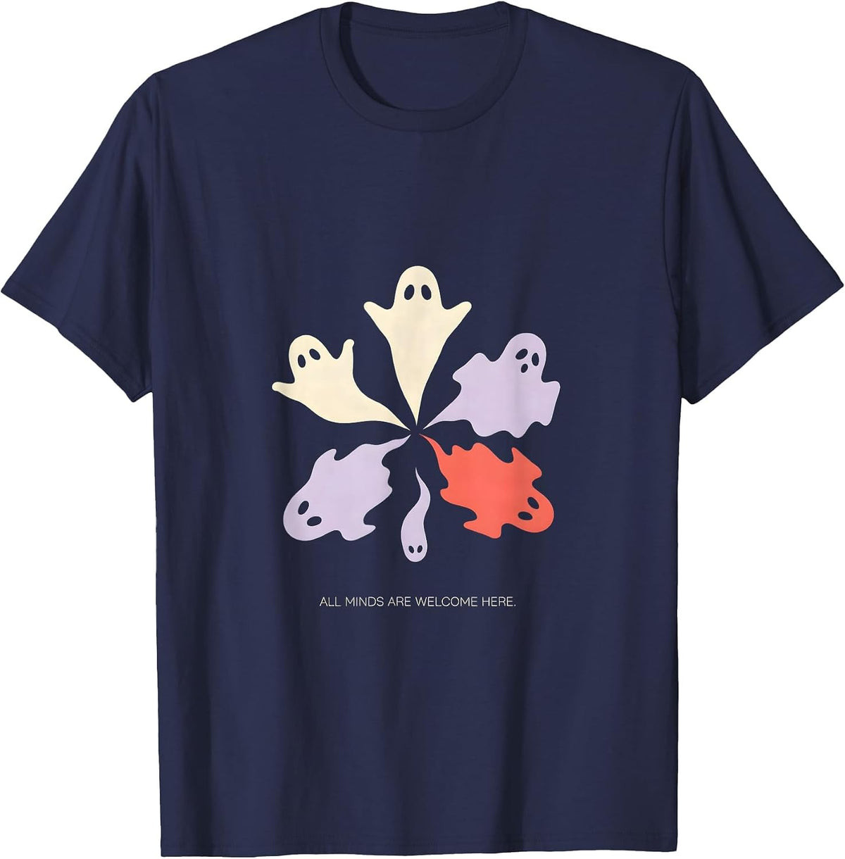 All Minds Are Welcome Here Halloween Mental Health Ghost T-Shirt - Navy Blue