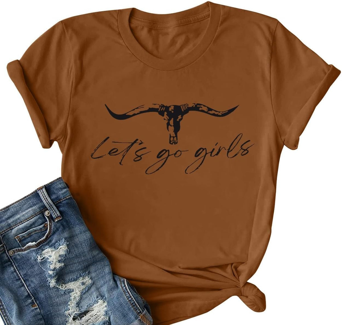 Let's Go Girl Shirt Women Western Bleached T-Shirt Retro Country Music Tee Shirt Cowgirls Shirts Short Sleeve Tops - Brown