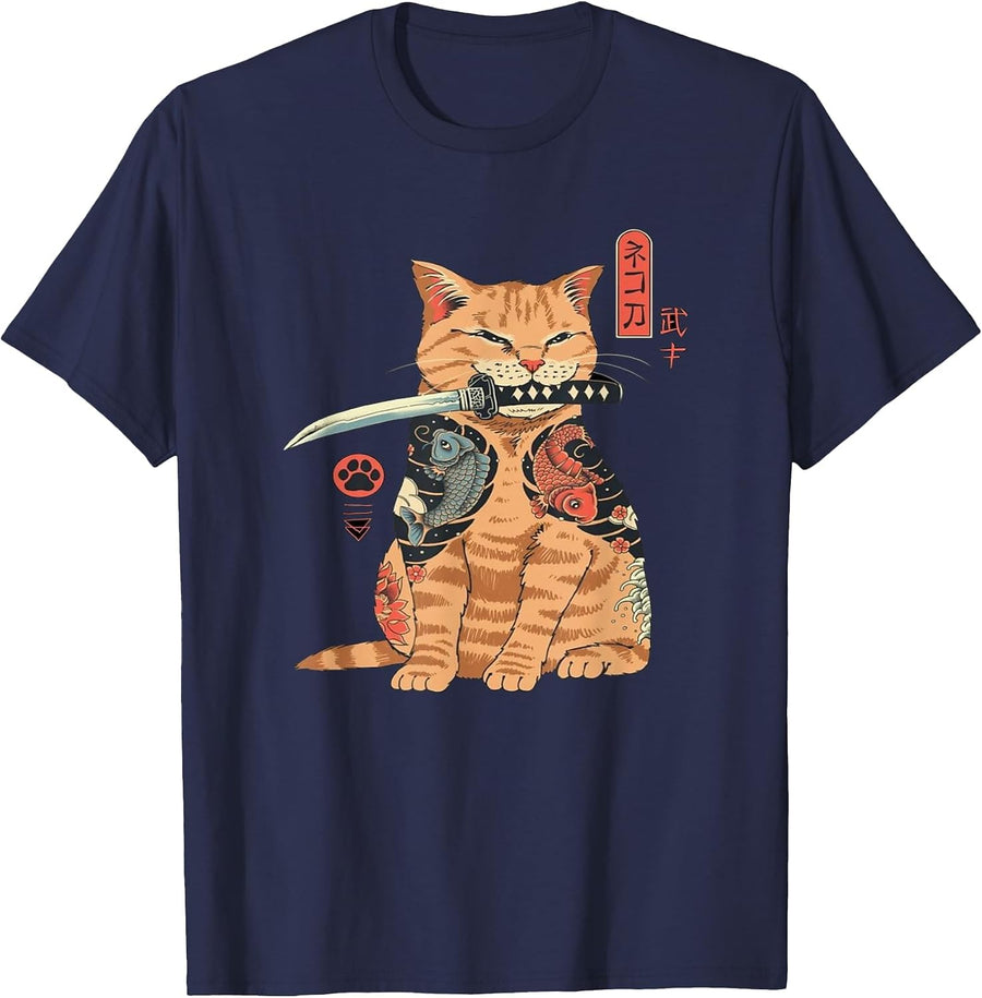 Japanese Samurai Ninja Cat Kawaii Tattoo Graphic T-Shirt - Navy Blue