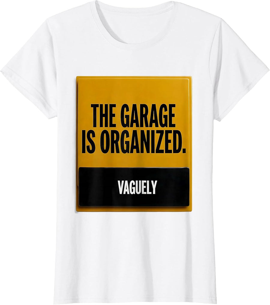 Women's The Garage Is Organized Vaguely Funny Sarcastic Humor T-Shirt - White