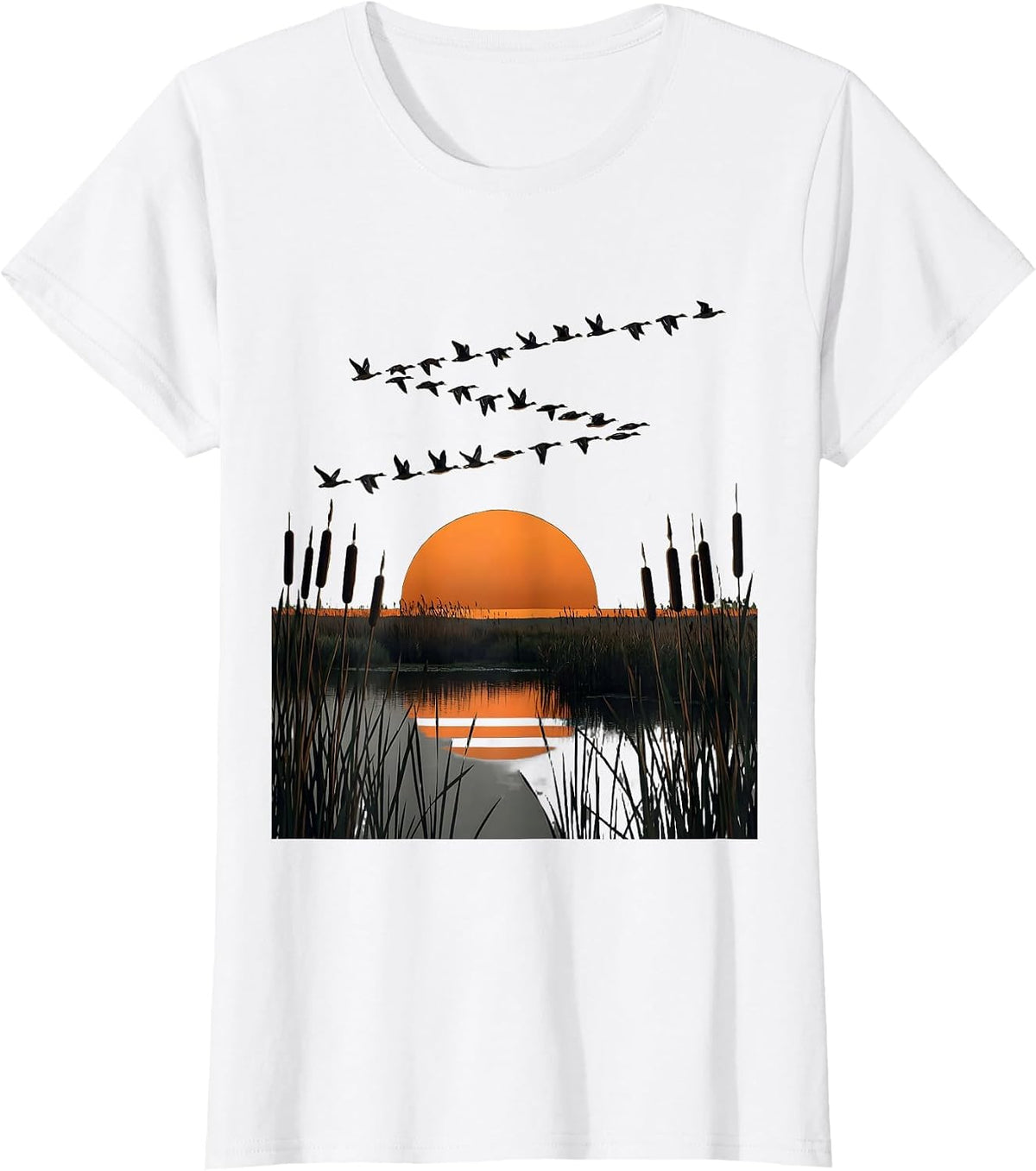 Women's Camo Waterfowl V-Formation Marsh Flying Duck T-Shirt - White