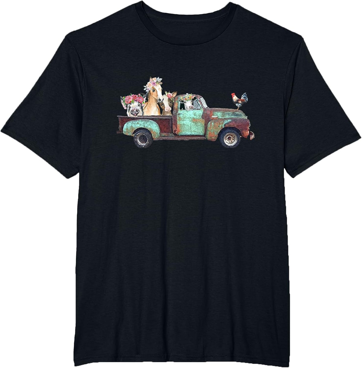 Farm Pickup Truck with Farm Animals Farming T-Shirt - Black