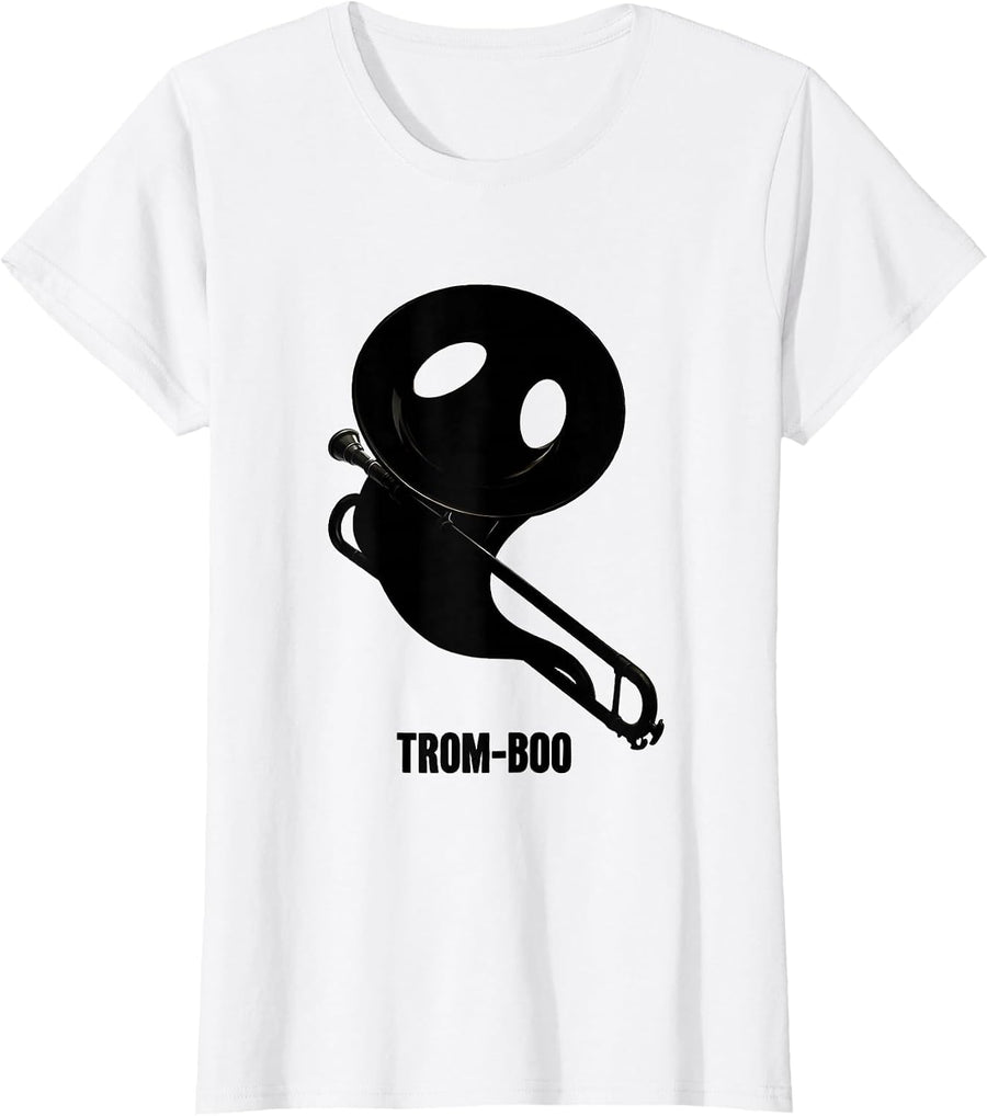 Women's Trom-boo Silhouette Halloween Music Teacher Ghost Costume T-Shirt - White