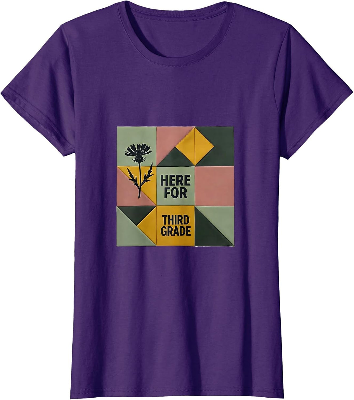 Women's Here For Third Grade Quilt Block Patchwork Teacher Gift T-Shirt - Purple