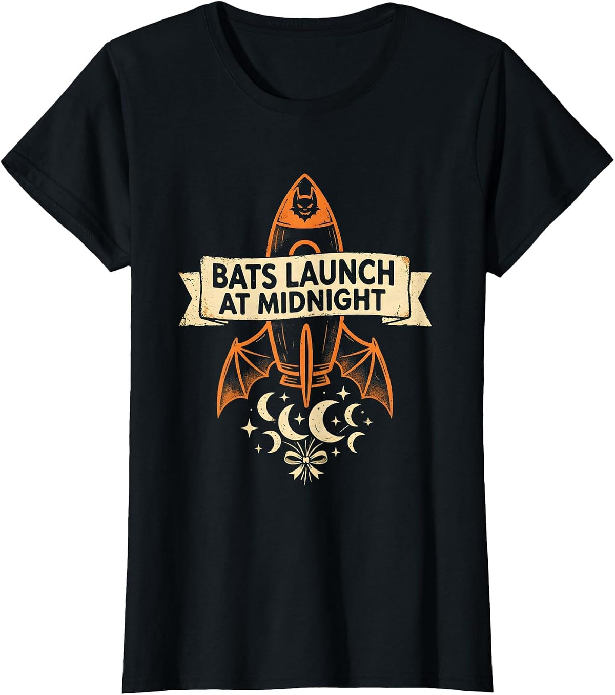 Women's Bats Launch At Midnight Halloween Space Design T-Shirt - Black