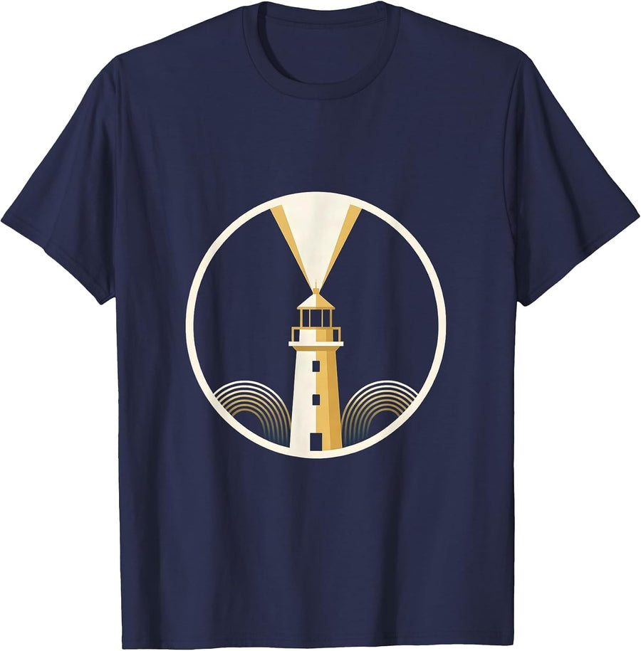 Autism Awareness Lighthouse Stormy Waves Graphic T-Shirt - Navy Blue