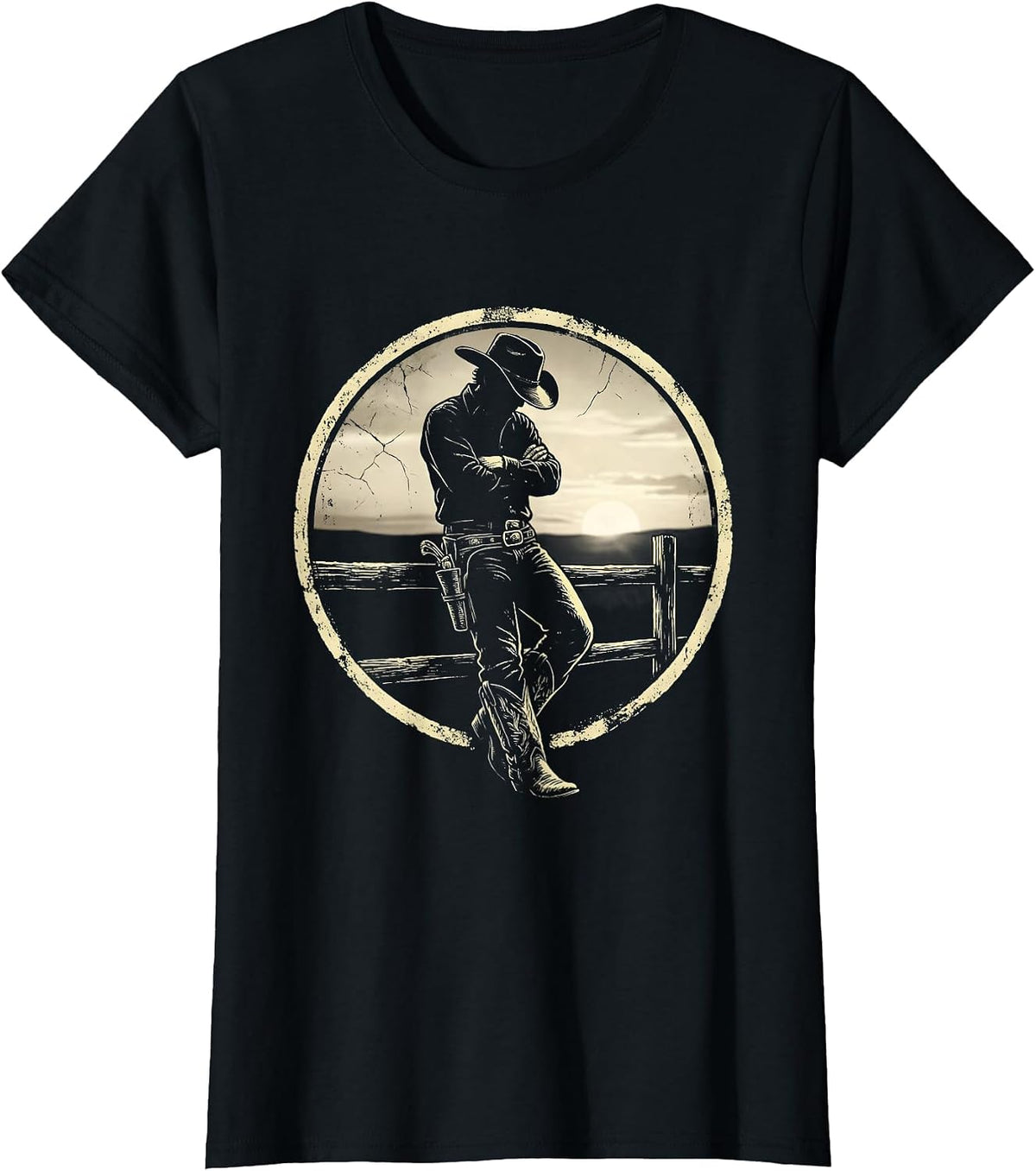 Women's Cowboy at Dusk Leaning on Fence Illustration T-Shirt - Black
