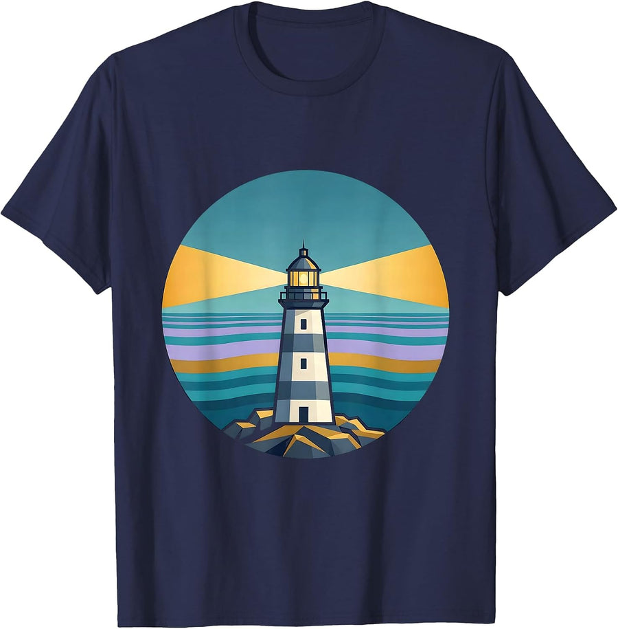 Autism Awareness Lighthouse Night Sea Illustration T-Shirt - Navy Blue